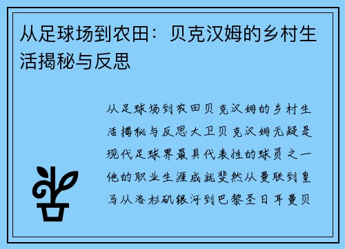 从足球场到农田：贝克汉姆的乡村生活揭秘与反思