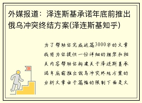 外媒报道：泽连斯基承诺年底前推出俄乌冲突终结方案(泽连斯基知乎)