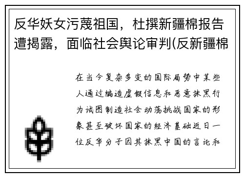 反华妖女污蔑祖国，杜撰新疆棉报告遭揭露，面临社会舆论审判(反新疆棉组织)
