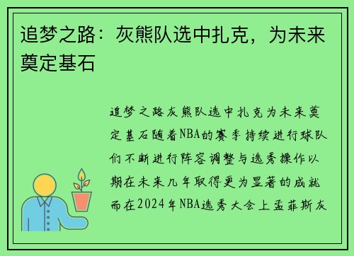 追梦之路：灰熊队选中扎克，为未来奠定基石