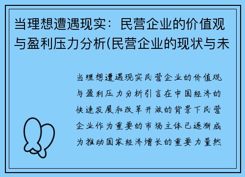 当理想遭遇现实：民营企业的价值观与盈利压力分析(民营企业的现状与未来发展)