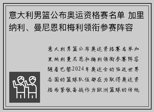 意大利男篮公布奥运资格赛名单 加里纳利、曼尼恩和梅利领衔参赛阵容