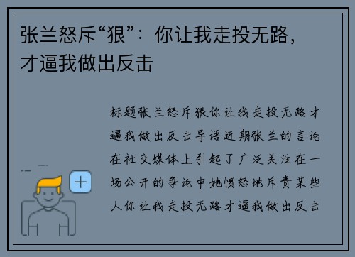 张兰怒斥“狠”：你让我走投无路，才逼我做出反击